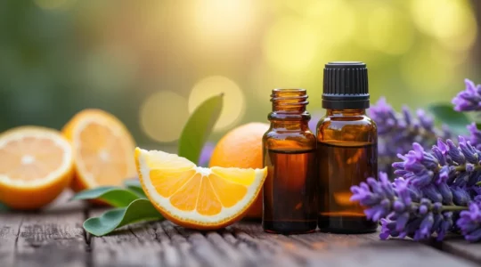 Bannière illustrant le bien-être naturel avec des huiles essentielles et des éléments apaisants