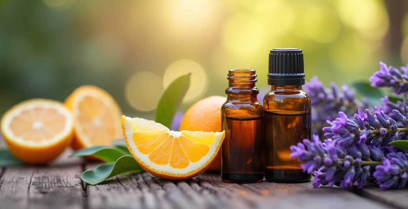 Bannière illustrant le bien-être naturel avec des huiles essentielles et des éléments apaisants