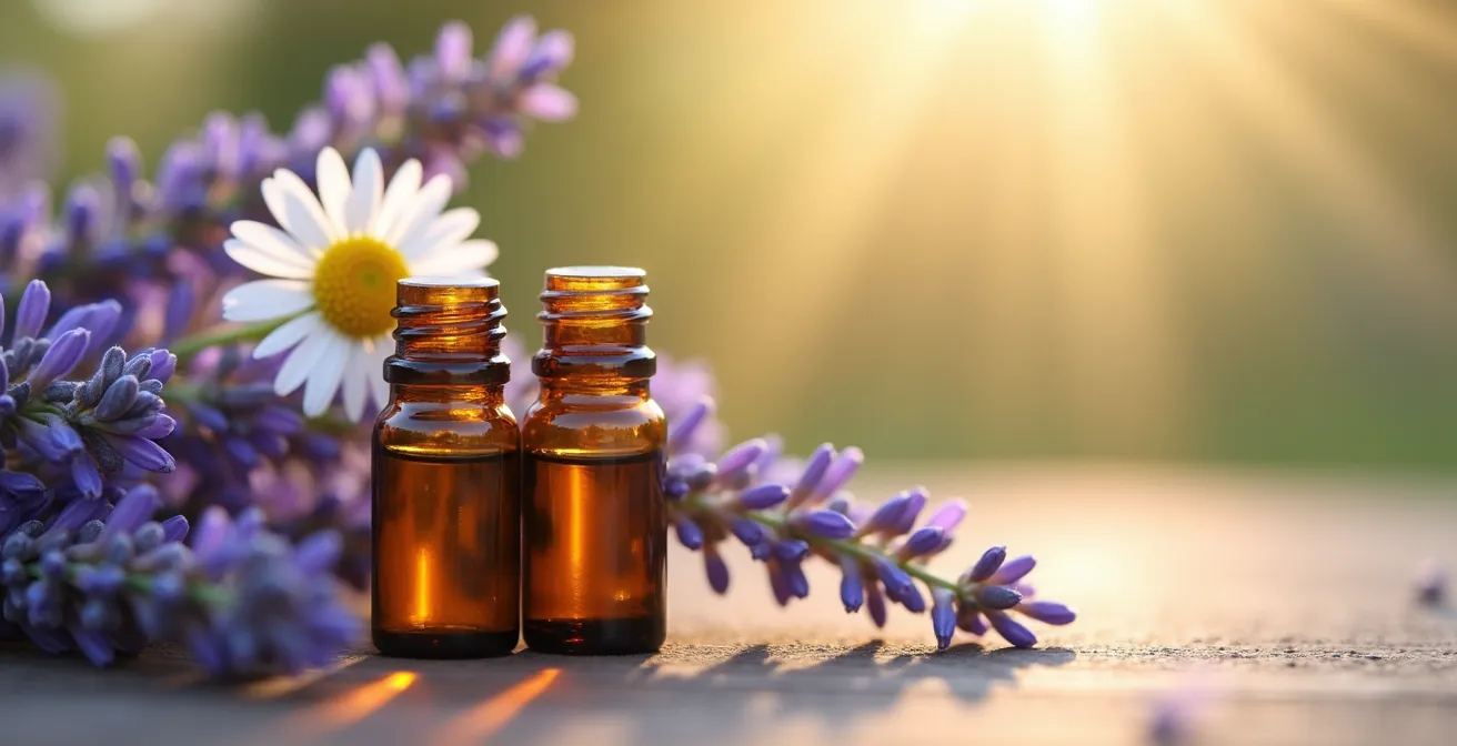Composition visuelle d’un rituel aromathérapeutique avec flacons et fleurs