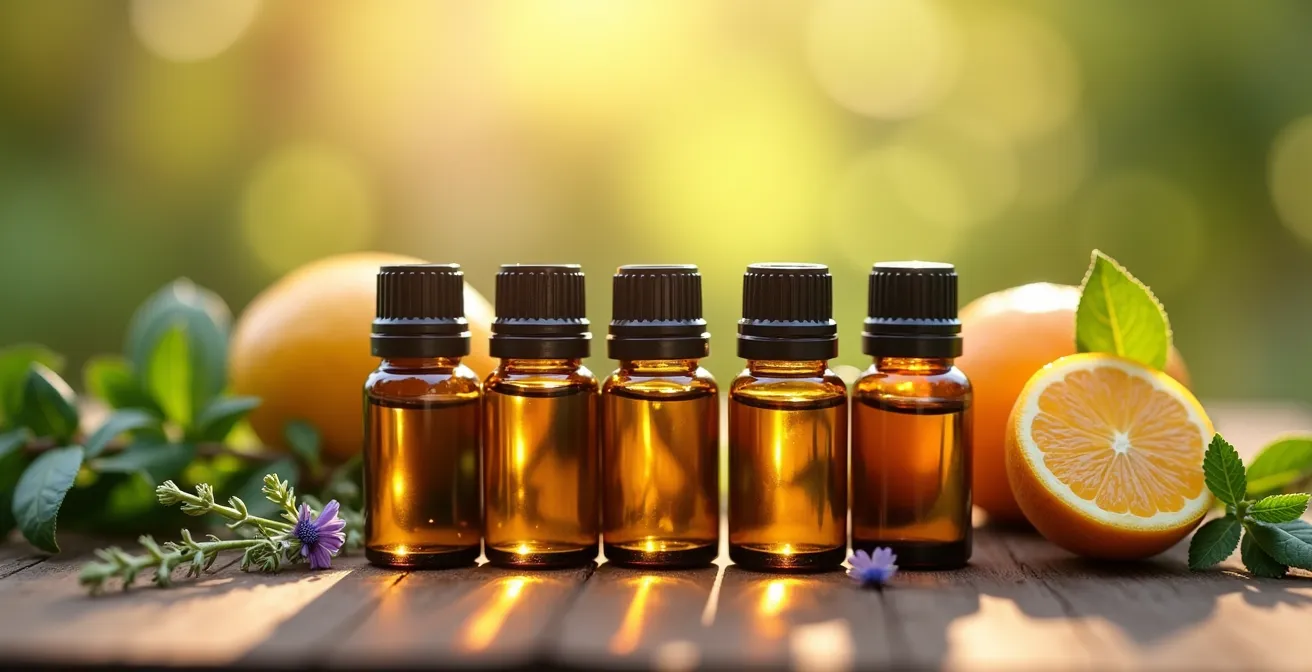 Composition visuelle de 5 flacons d'huiles essentielles sur un fond naturel apaisant