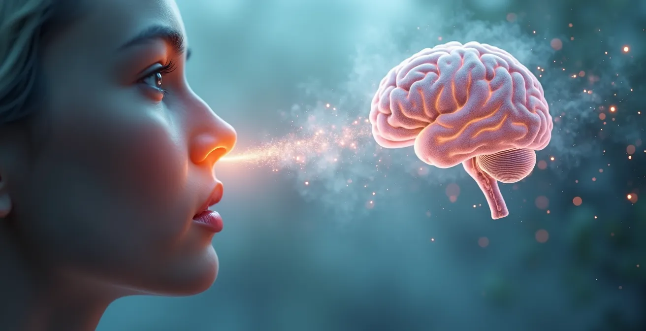 Illustration symbolique du trajet du parfum depuis le nez au cerveau limbique